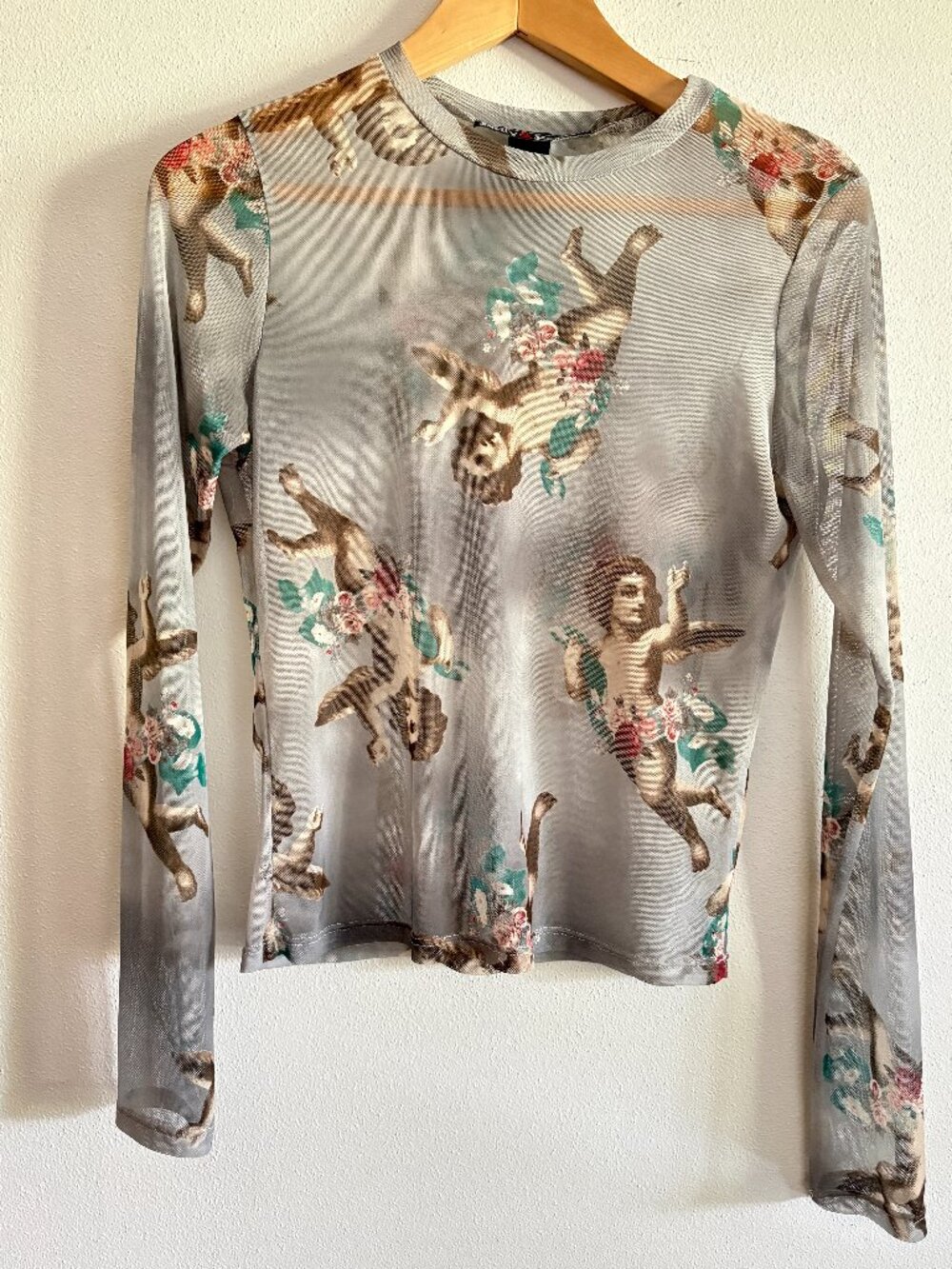 Vintage-Style Cherub Mesh Top | Long Sleeve Sheer Angel Print Graphic Tee